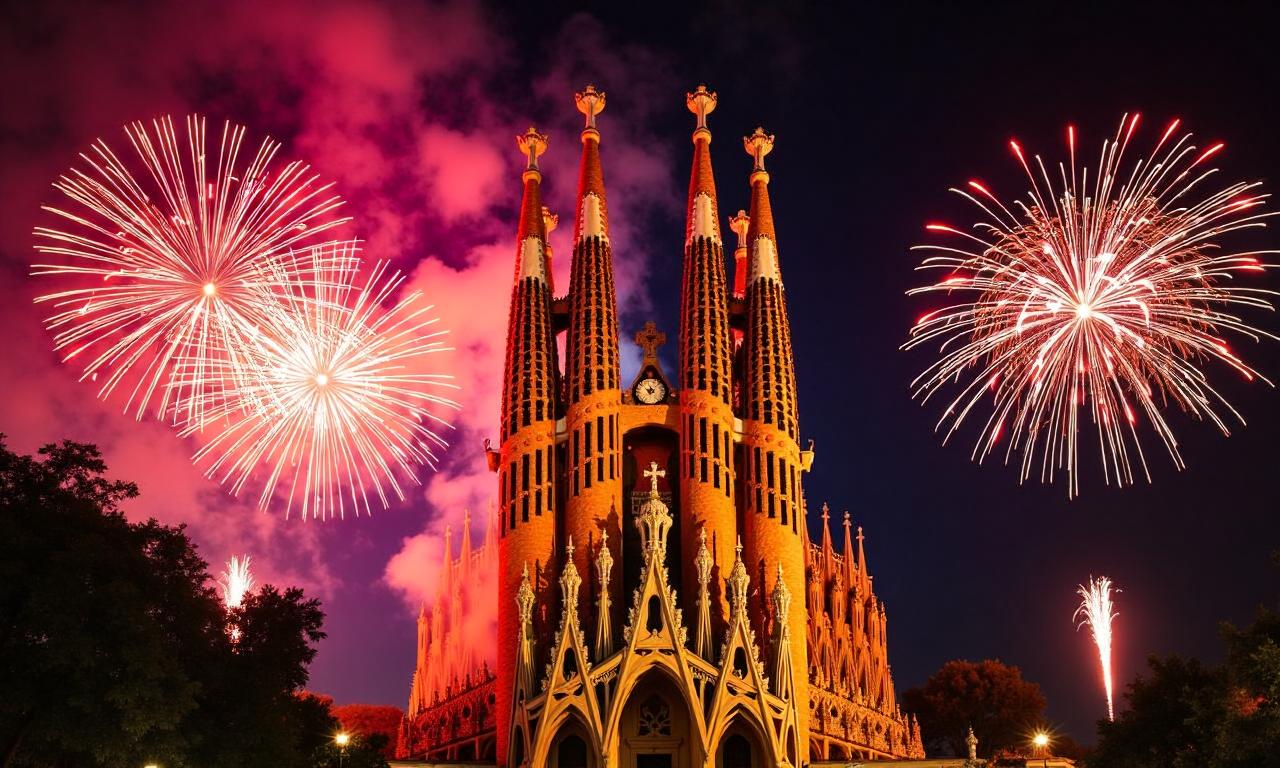 Fireworks illuminate Barcelona’s Sagrada Família during Pope visit