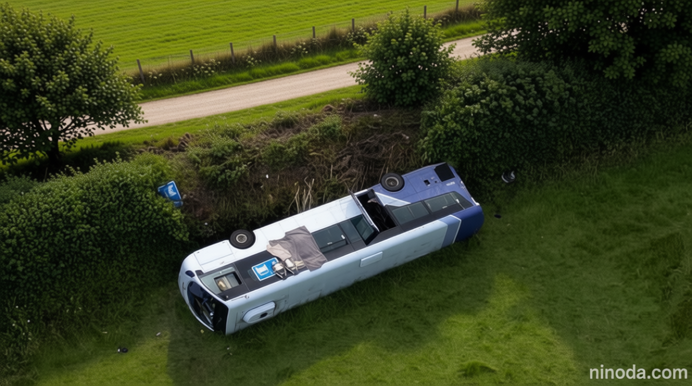Nineteen injured after bus overturns in crash near roundabout