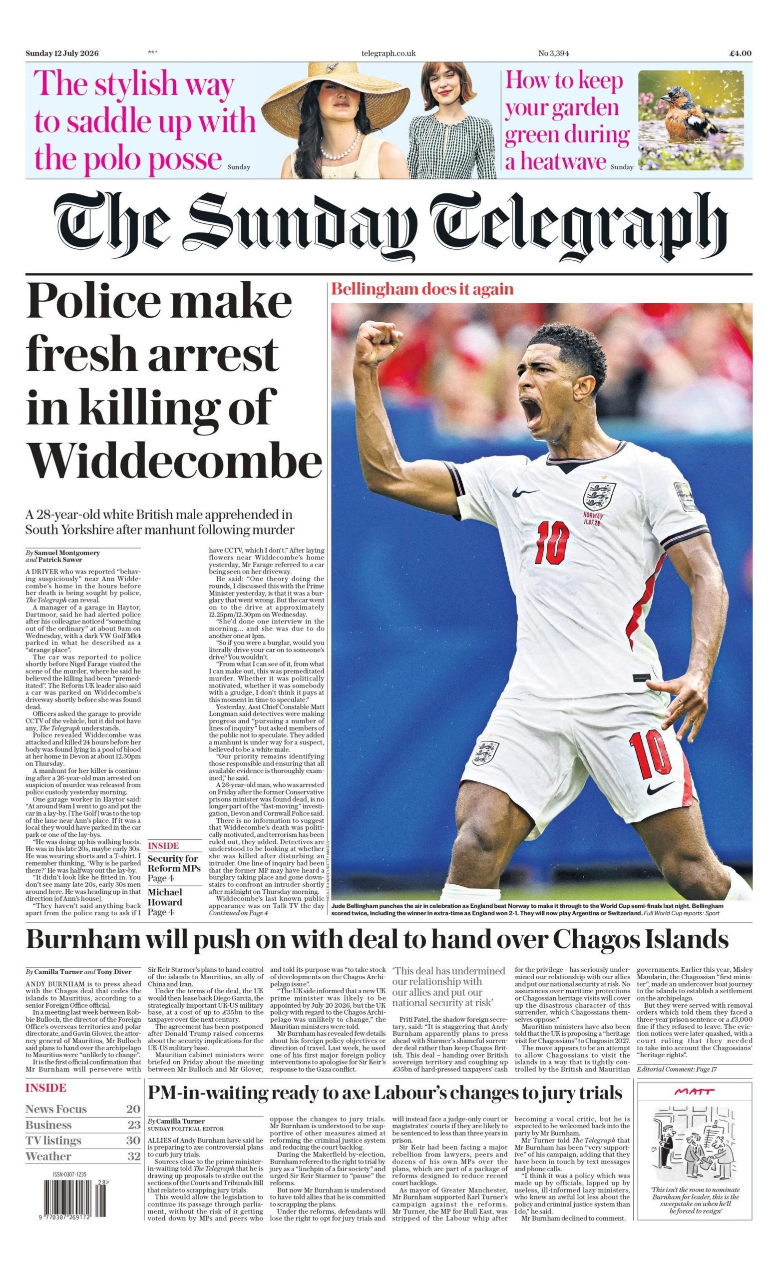 ‘Fresh arrest in killing of Widdecombe’ and ‘Saved by the Bell’
