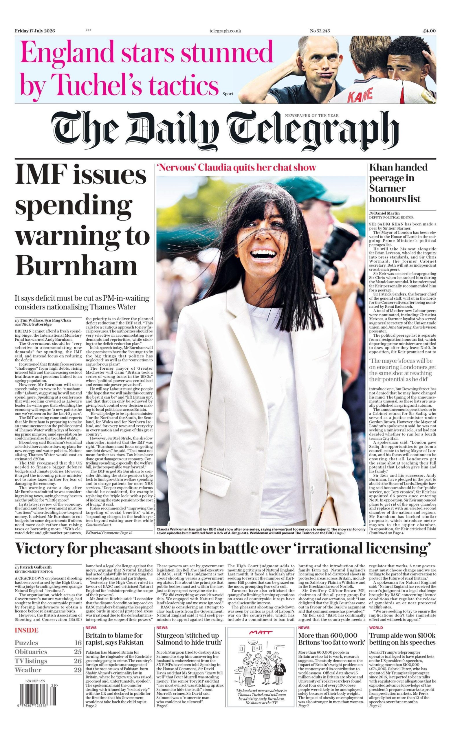 ‘Spending warning to Burnham’ and ‘Only 693 days till Euros’