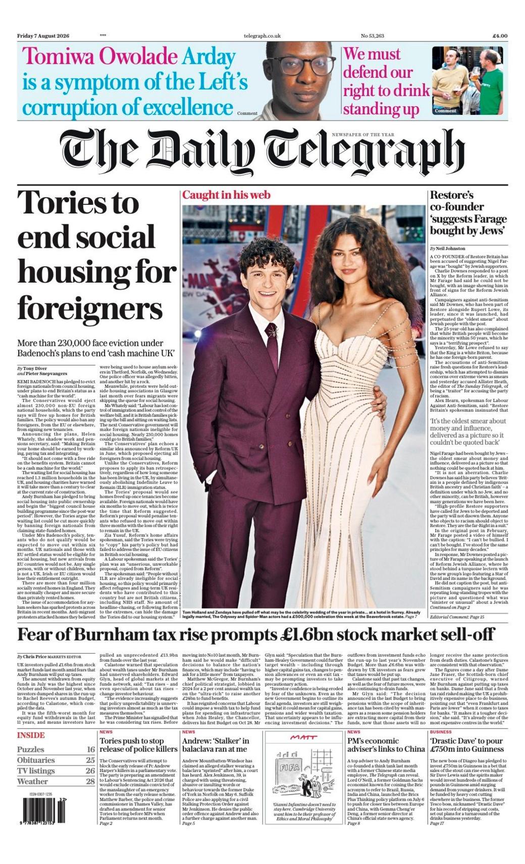 ‘Tories to end social housing for foreigners’ and ‘Bottoms down’