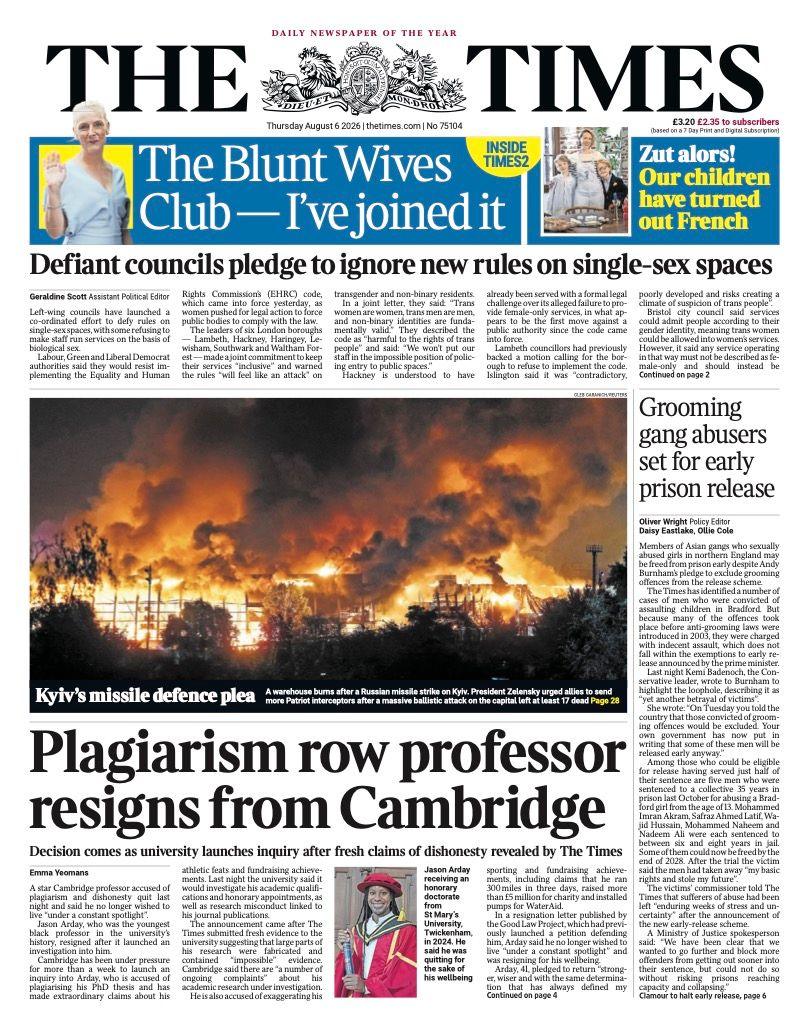 ‘Plagiarism row professor resigns’ and ‘West End stab rampage’
